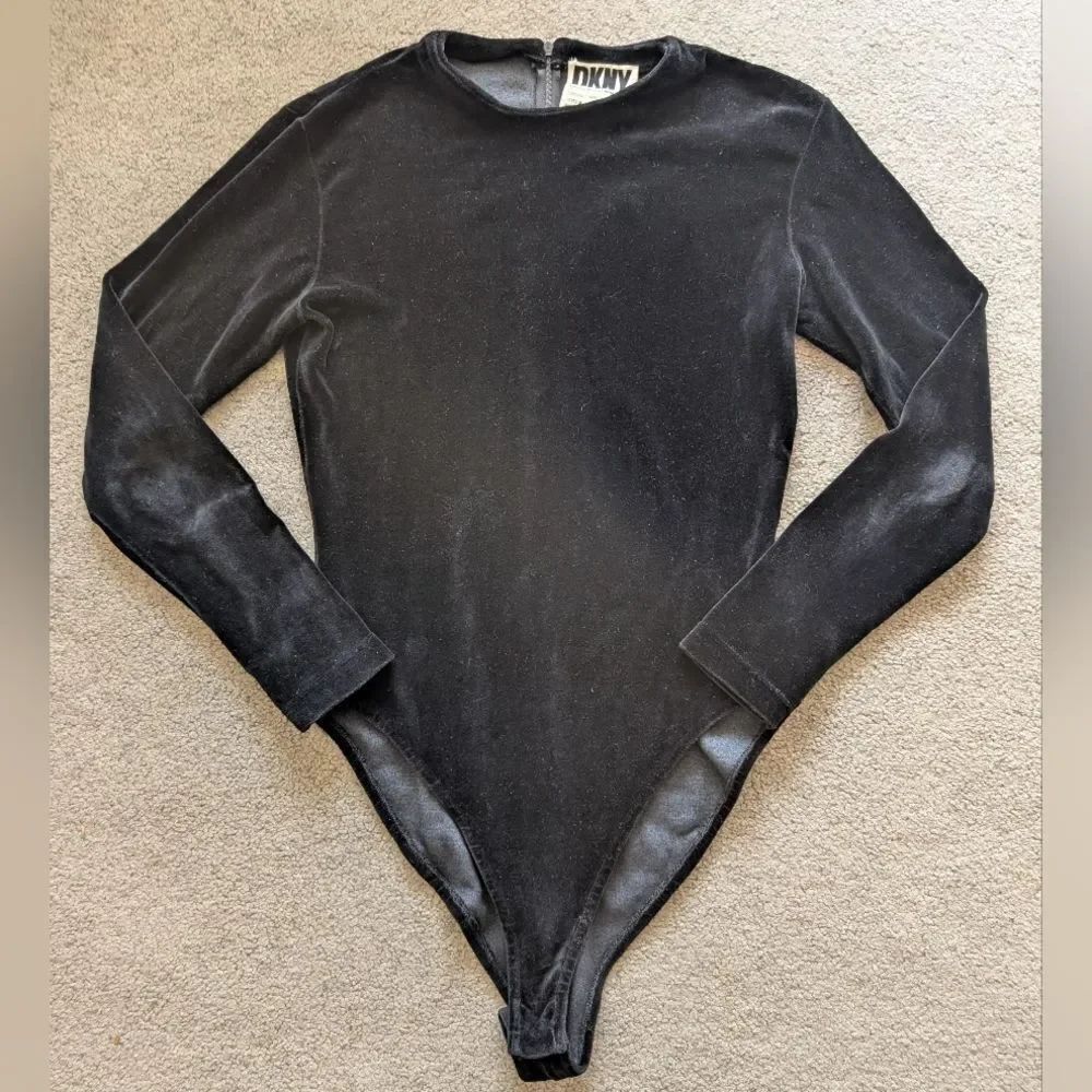 Vintage DKNY Black Crushed Velvet Long Sleeve Bodysuit Size M